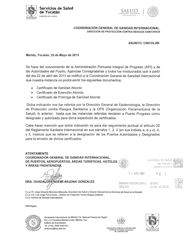Circular sobre certificados de Sanidad Internacional.
